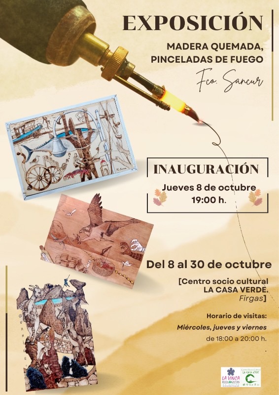 Cartel de la exposición Madera quemada, pinceladas de fuego, de Fco. Sancur